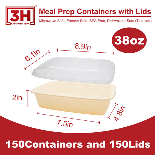 38 oz Meal Prep Containers with Lids (150 Sets, 300 Pics), Natural Beige