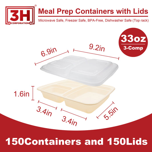 33 oz 3-Comp Meal Prep Containers with Lids (150 Sets, 300 Pics), Natural Beige