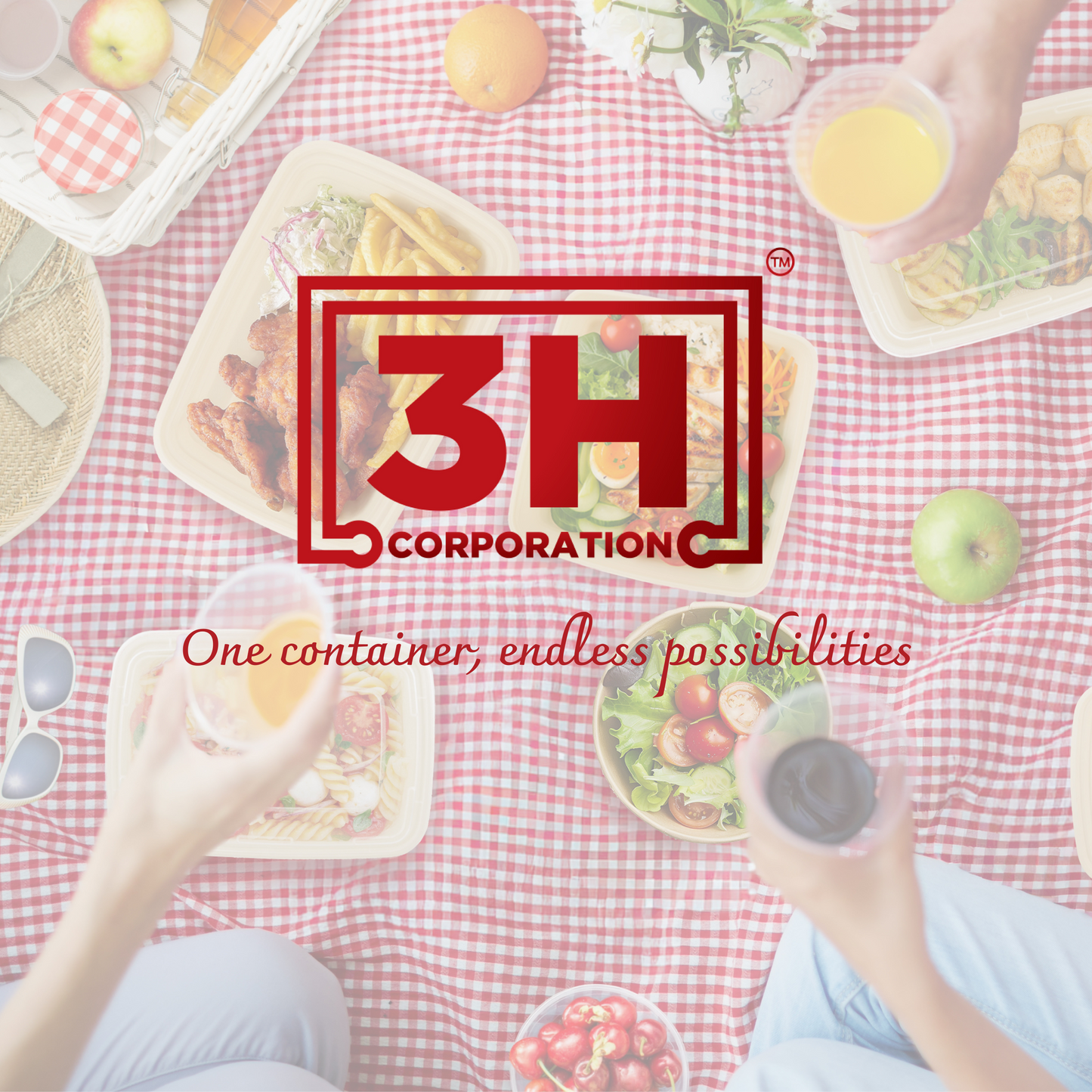 3H Corporation logo with people enjoying a meal on a checkered tablecloth.