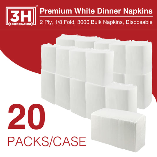 Premium White Dinner Napkins, 3000 Count(20 Pack, 150/Pack), 2-Ply, 1/8 Fold, 7.1" x 4.1" Folded, For Restaurant, Catering & Everyday Meal Refill