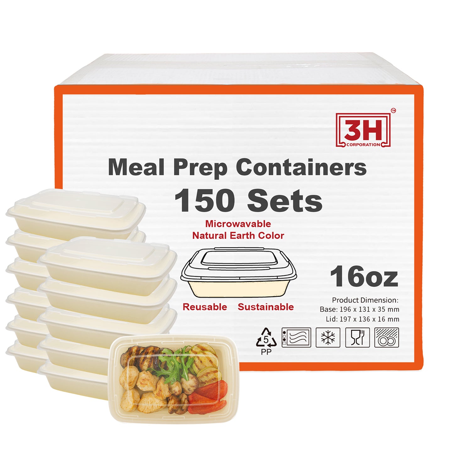 16 oz Meal Prep Containers with Lids(150 Sets, 300 Pieces), Natural Beige