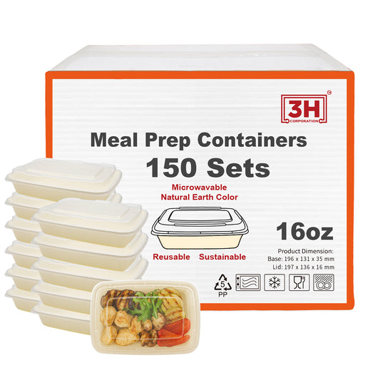 16 oz Meal Prep Containers with Lids(150 Sets, 300 Pieces), Natural Beige