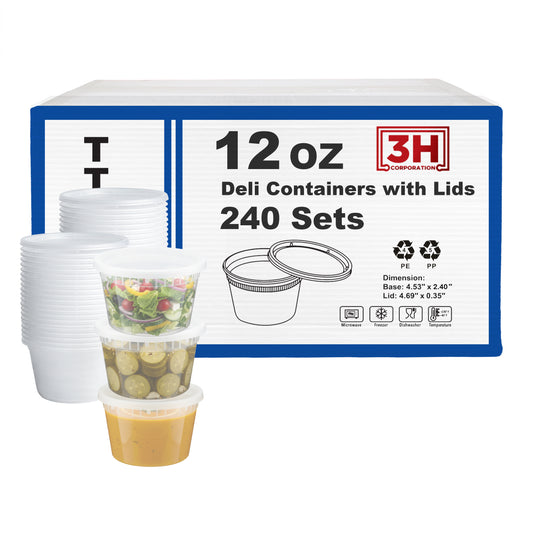 12oz Deli Containers with Lids (240 Sets, 480 Pics), Soup Cup with Lids