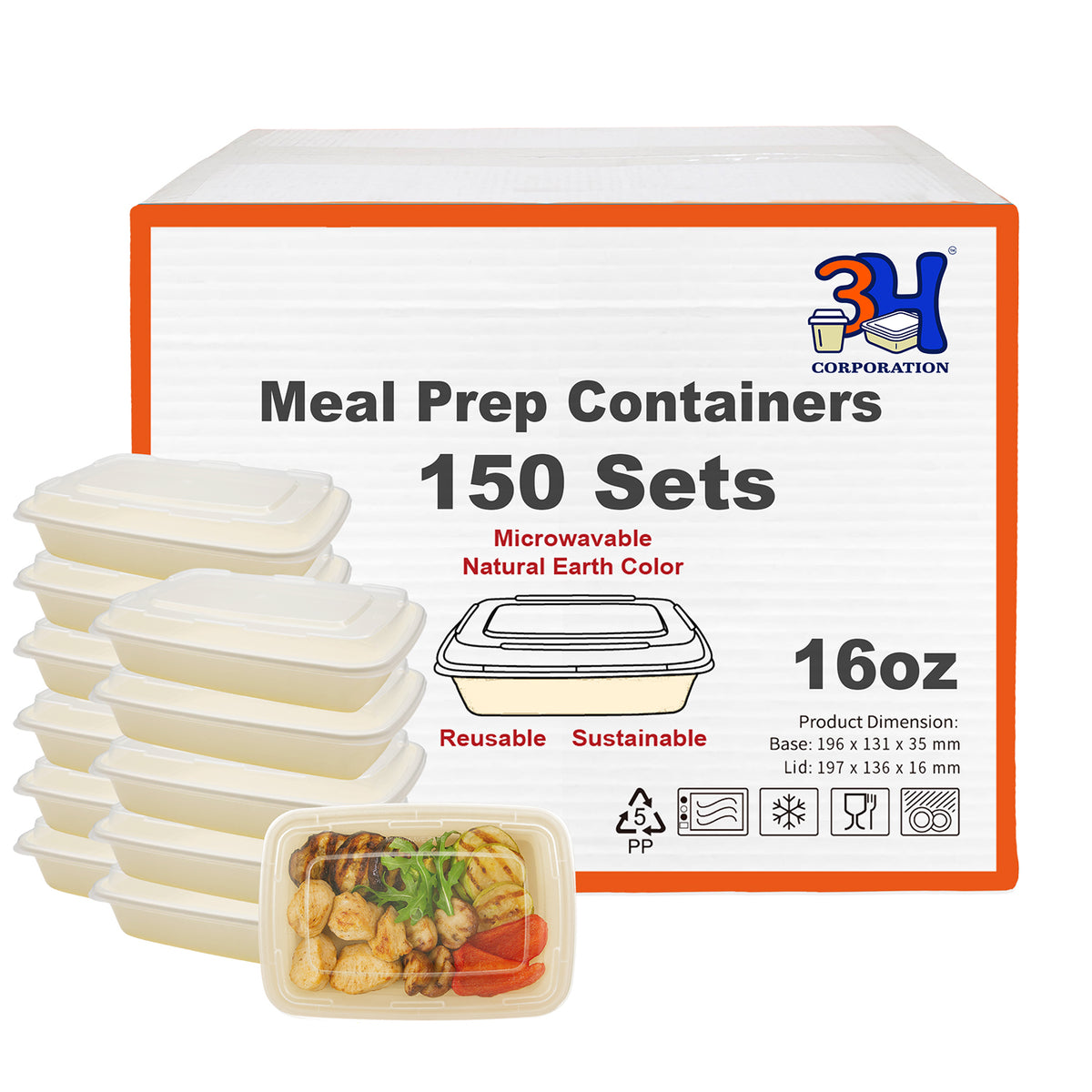 16 oz Meal Prep Containers with Lids(150 Sets, 300 Pieces), Natural Beige
