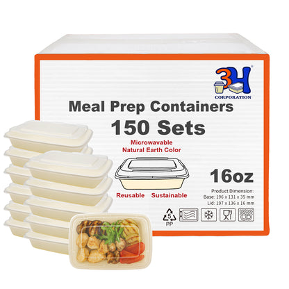 16 oz Meal Prep Containers with Lids(150 Sets, 300 Pieces), Natural Beige