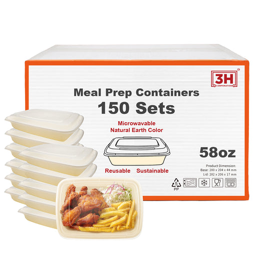 58oz Meal Prep Containers with Lids (150 Sets, 300 Pics), Natural Beige