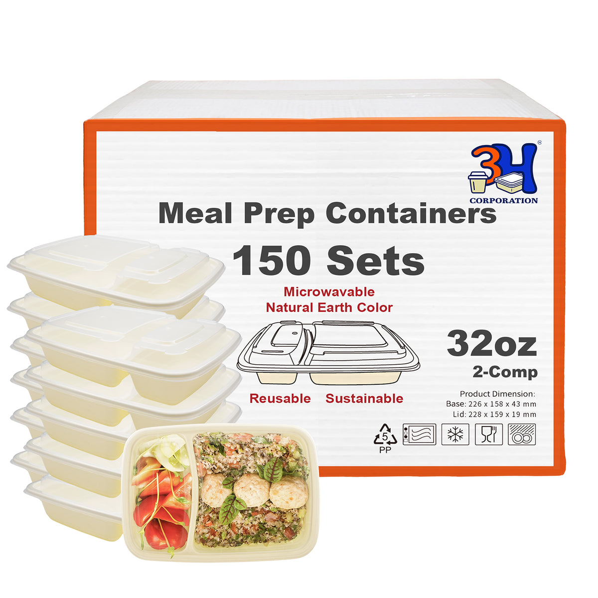 32 oz 2-Comp Meal Prep Containers with Lids, Natural Beige