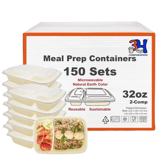32 oz 2-Comp Meal Prep Containers with Lids, Natural Beige
