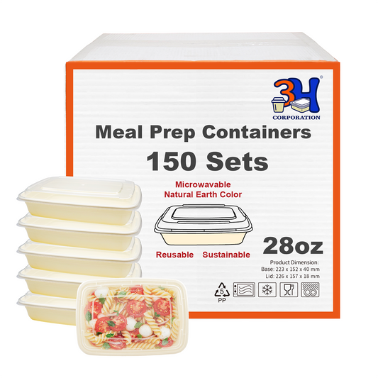 28 oz Meal Prep Containers with Lids(150 Sets, 300 Pieces), Natural Beige