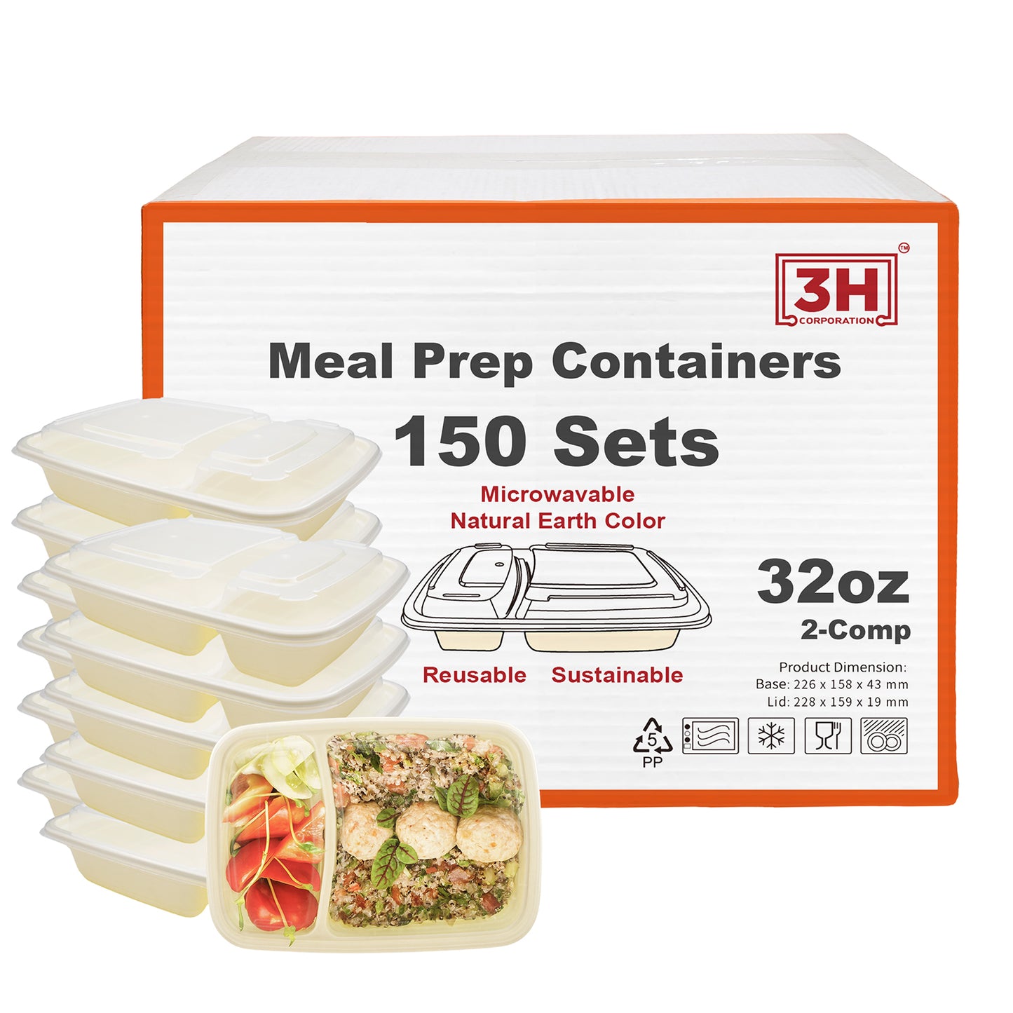 32 oz 2-Comp Meal Prep Containers with Lids, Natural Beige