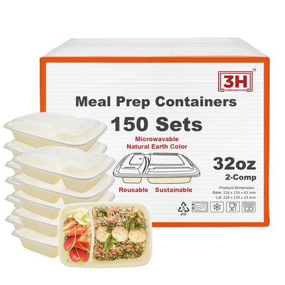 32 oz 2-Comp Meal Prep Containers with Lids, Natural Beige