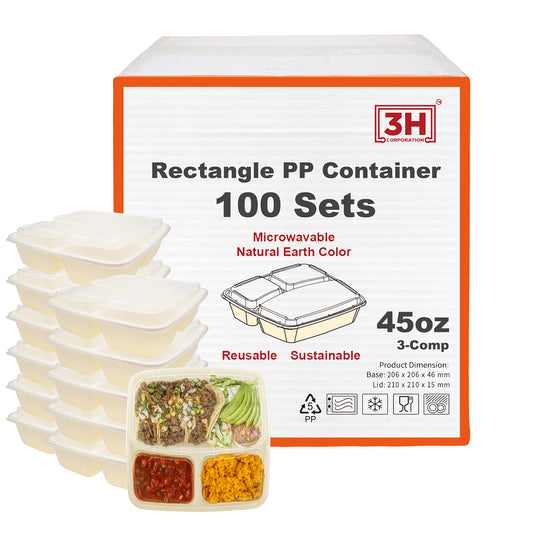 45oz 3-Comp Meal Prep Containers with Lids (100 Sets, 200 Pics), Natural Beige, Square
