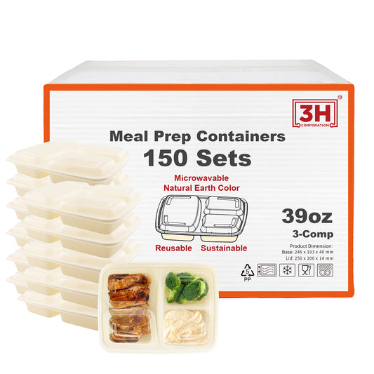 39oz 3-Comp Meal Prep Containers with Lids (150 Sets, 300 Pics), To-go Food Containers with Lids
