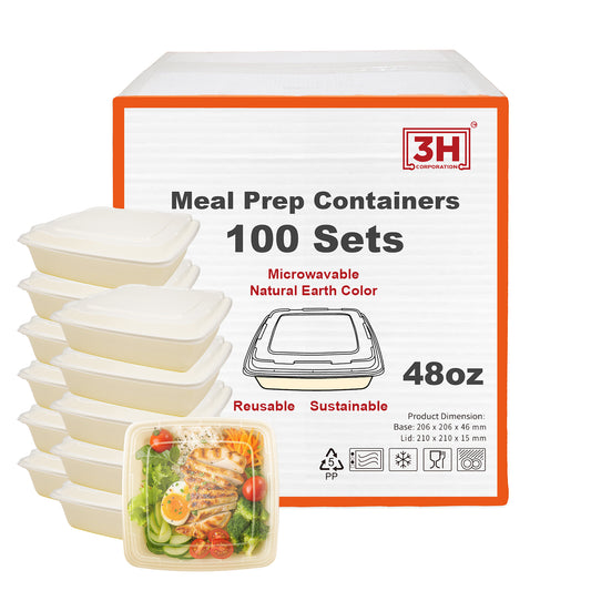 48 oz Meal Prep Containers with Lids (100 Sets, 200 Pics), Natural Beige, Square