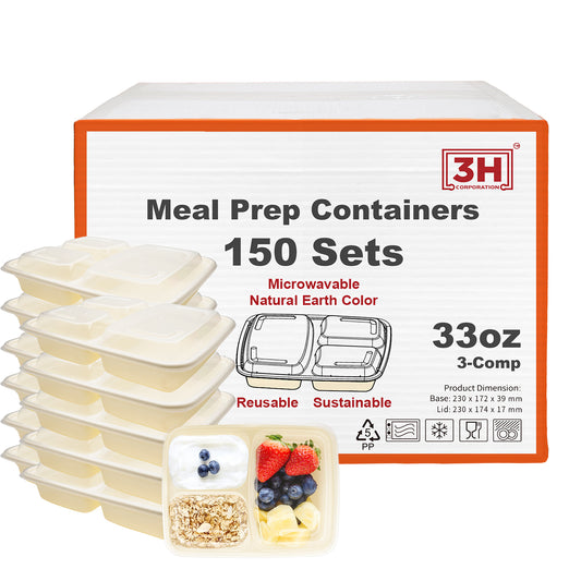 33 oz 3-Comp Meal Prep Containers with Lids (150 Sets, 300 Pics), Natural Beige