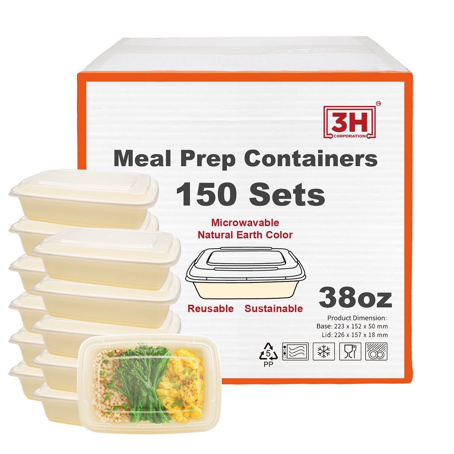 38 oz Meal Prep Containers with Lids (150 Sets, 300 Pics), Natural Beige