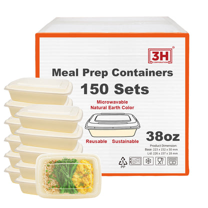 38 oz Meal Prep Containers with Lids (150 Sets, 300 Pics), Natural Beige