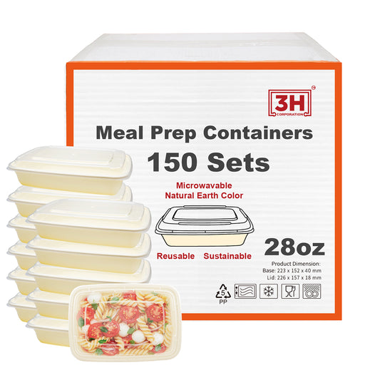 28 oz Meal Prep Containers with Lids(150 Sets, 300 Pieces), Natural Beige