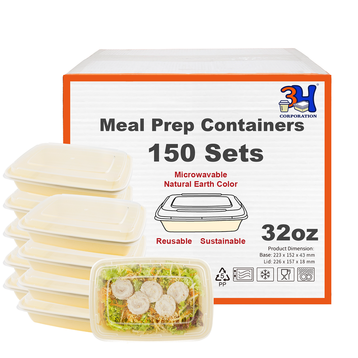 32 oz Meal Prep Containers with Lids (150 Sets, 300 Pics), Natural Beige