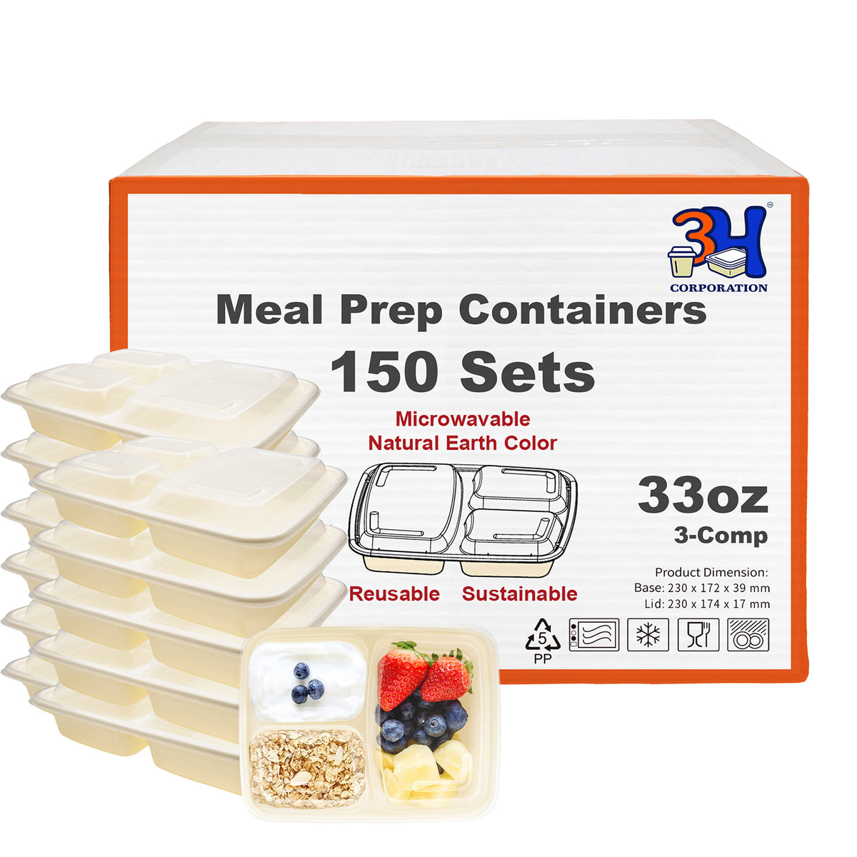 33 oz 3-Comp Meal Prep Containers with Lids (150 Sets, 300 Pics), Natural Beige