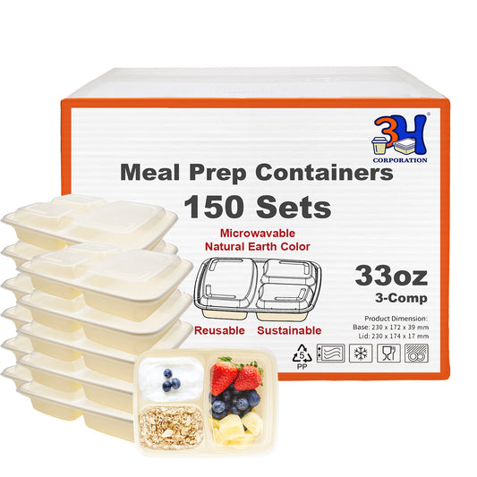 33 oz 3-Comp Meal Prep Containers with Lids (150 Sets, 300 Pics), Natural Beige