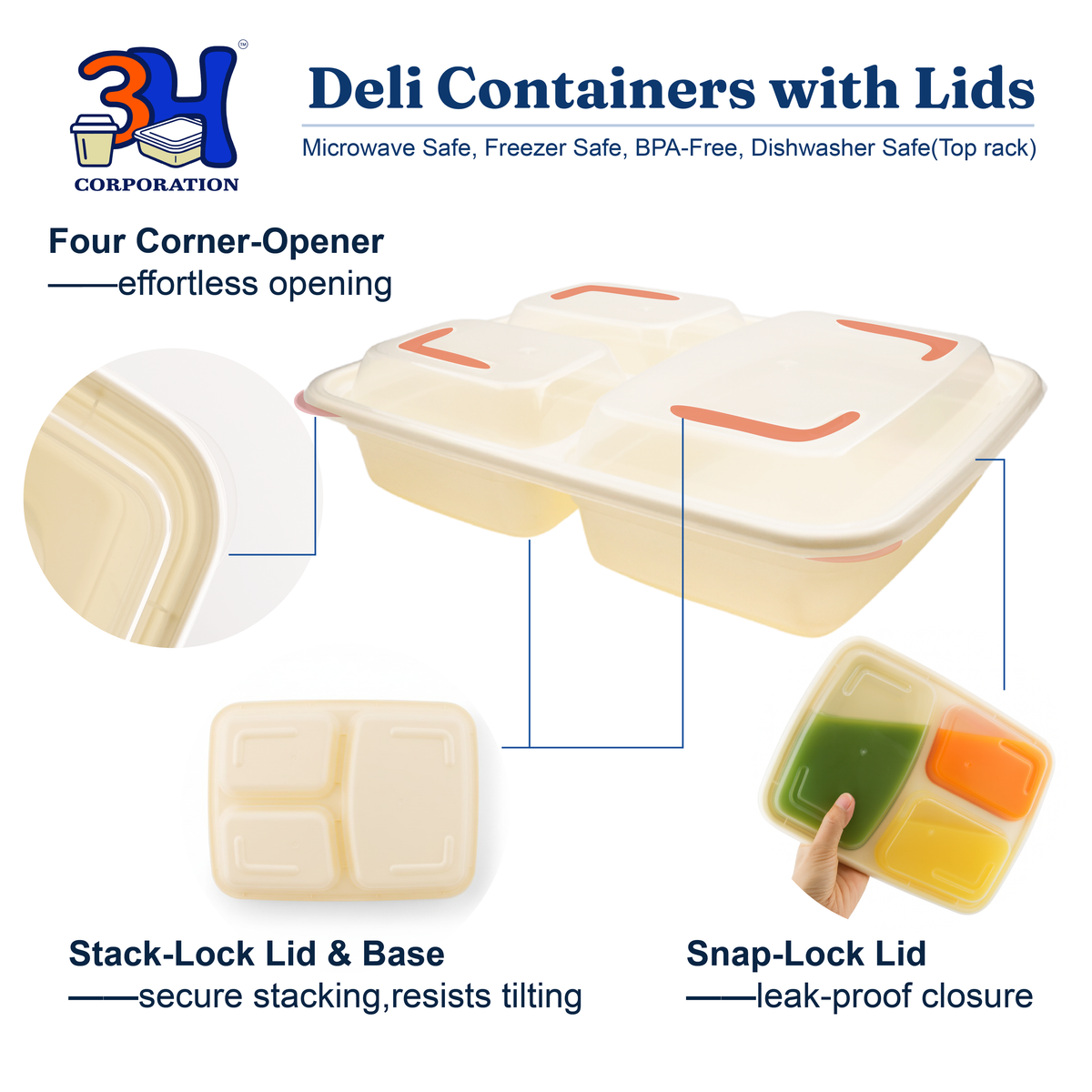 33 oz 3-Comp Meal Prep Containers with Lids (150 Sets, 300 Pics), Natural Beige