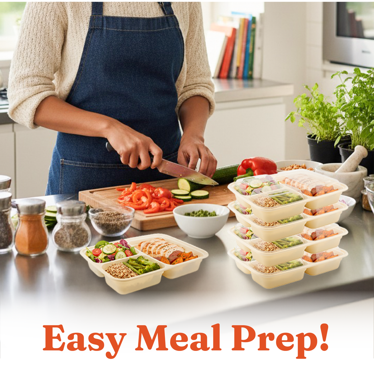 33 oz 3-Comp Meal Prep Containers with Lids (150 Sets, 300 Pics), Natural Beige
