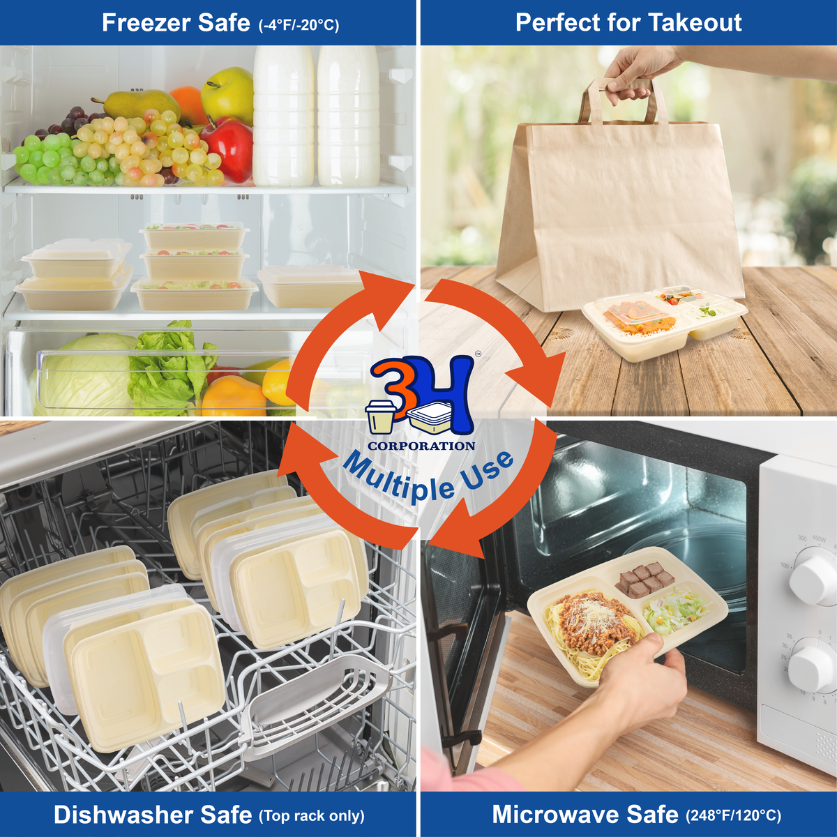 33 oz 3-Comp Meal Prep Containers with Lids (150 Sets, 300 Pics), Natural Beige