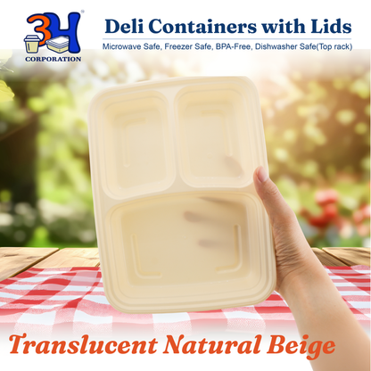 33 oz 3-Comp Meal Prep Containers with Lids (150 Sets, 300 Pics), Natural Beige