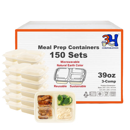 39oz 3-Comp Meal Prep Containers with Lids (150 Sets, 300 Pics), To-go Food Containers with Lids