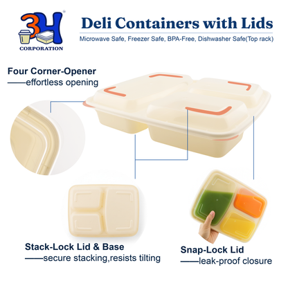 39oz 3-Comp Meal Prep Containers with Lids (150 Sets, 300 Pics), To-go Food Containers with Lids