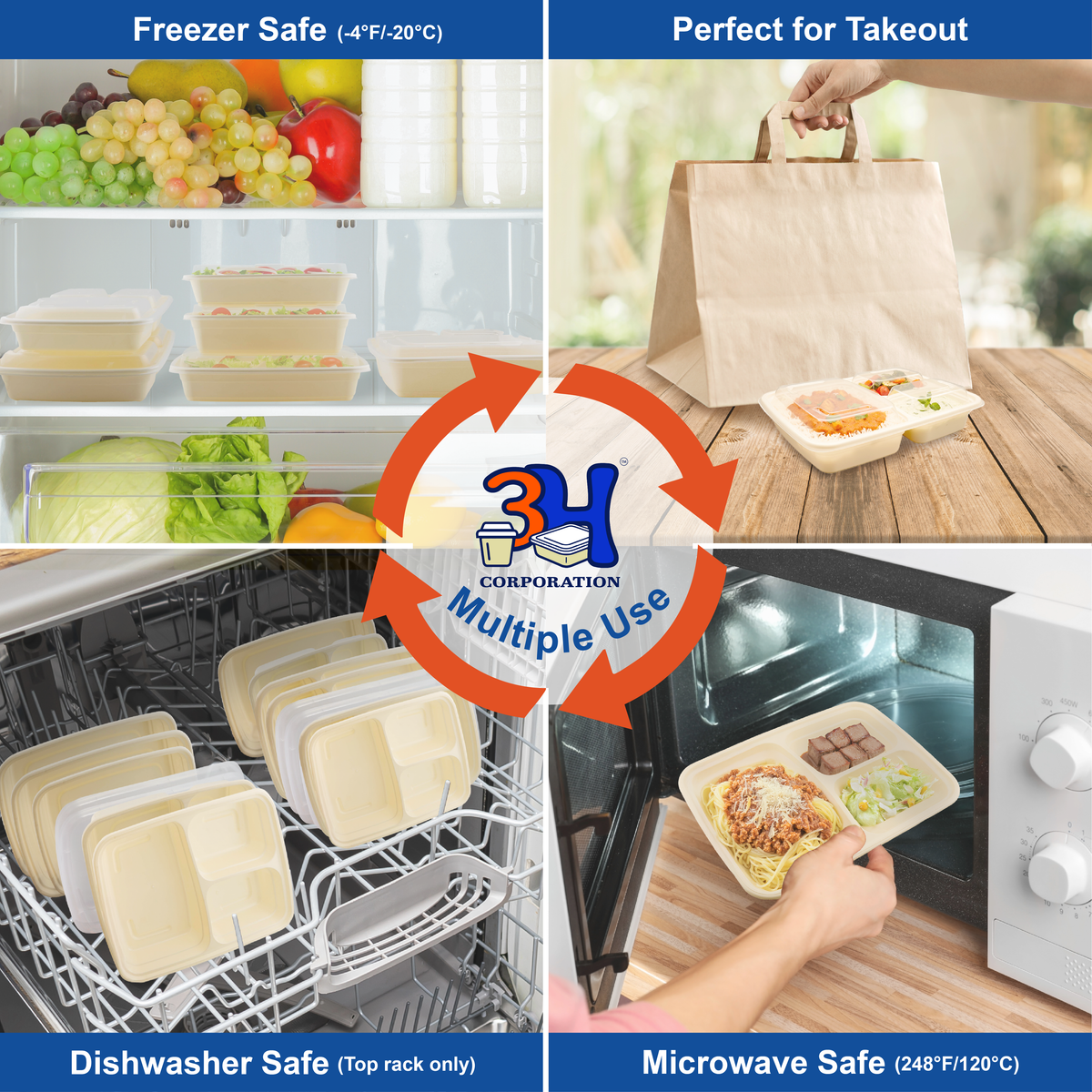 39oz 3-Comp Meal Prep Containers with Lids (150 Sets, 300 Pics), To-go Food Containers with Lids