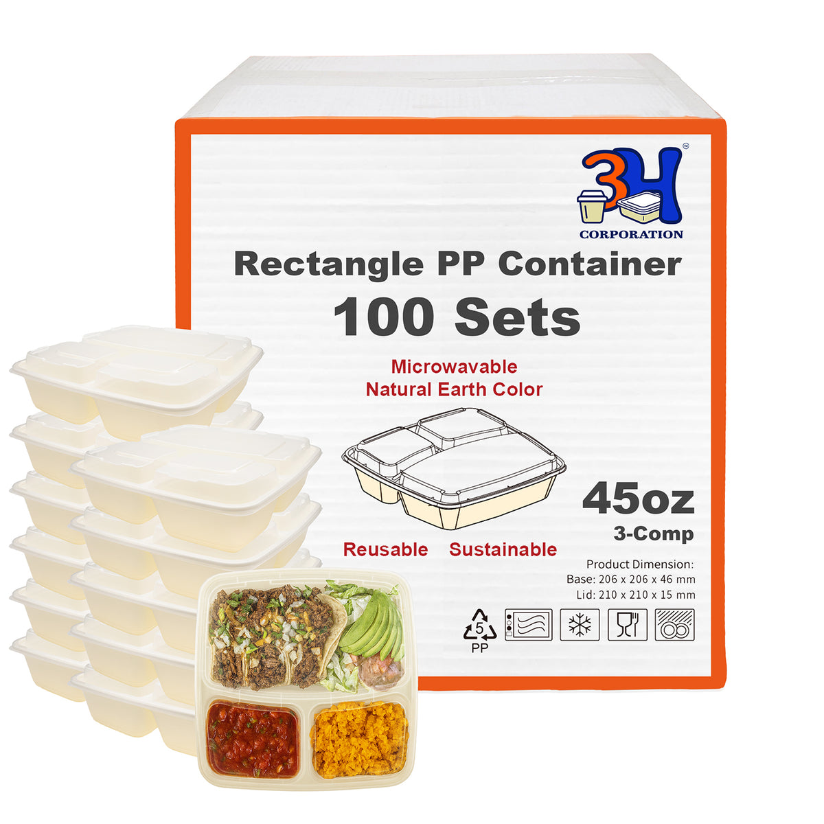 45oz 3-Comp Meal Prep Containers with Lids (100 Sets, 200 Pics), Natural Beige, Square