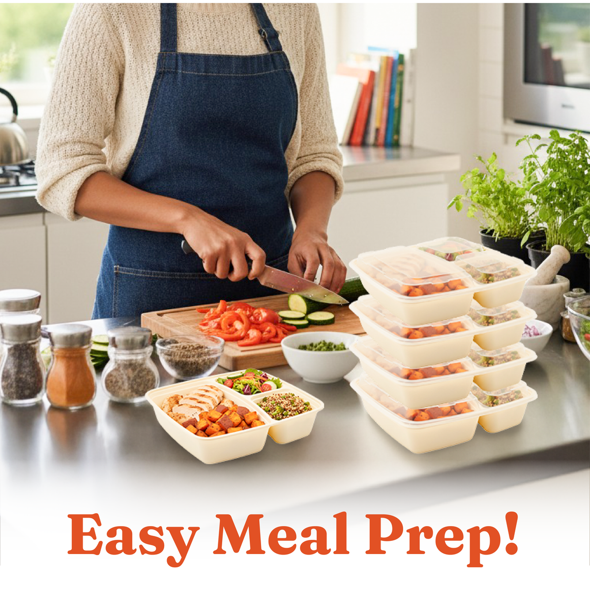45oz 3-Comp Meal Prep Containers with Lids (100 Sets, 200 Pics), Natural Beige, Square