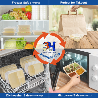 45oz 3-Comp Meal Prep Containers with Lids (100 Sets, 200 Pics), Natural Beige, Square