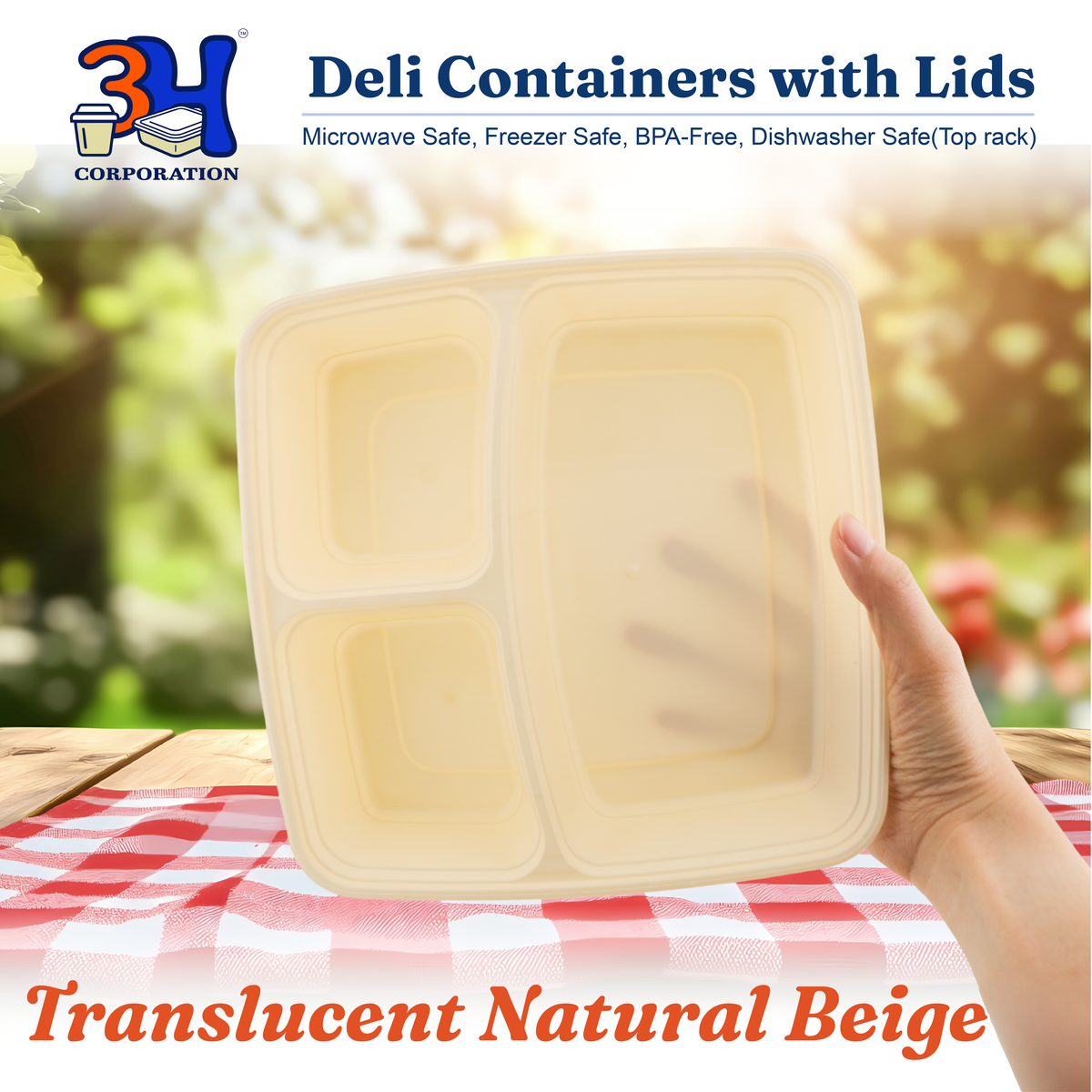 45oz 3-Comp Meal Prep Containers with Lids (100 Sets, 200 Pics), Natural Beige, Square