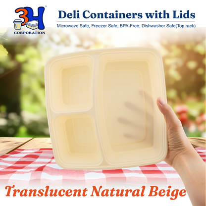 45oz 3-Comp Meal Prep Containers with Lids (100 Sets, 200 Pics), Natural Beige, Square