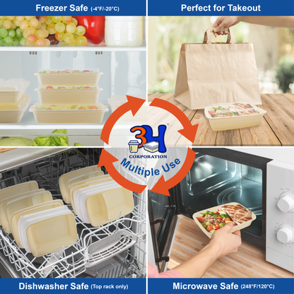 38 oz Meal Prep Containers with Lids (150 Sets, 300 Pics), Natural Beige