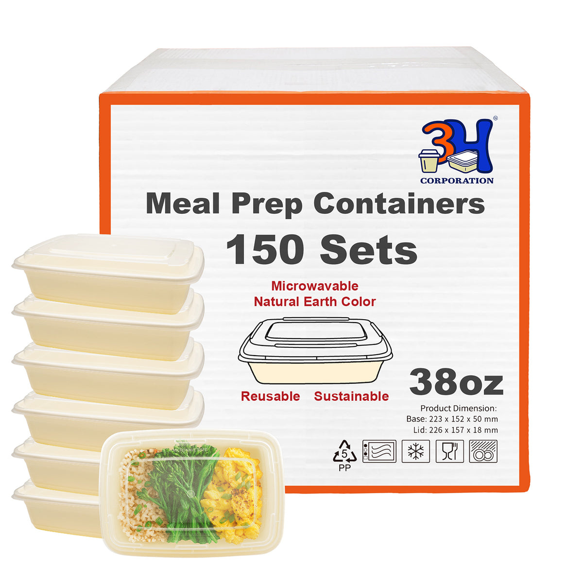 38 oz Meal Prep Containers with Lids (150 Sets, 300 Pics), Natural Beige