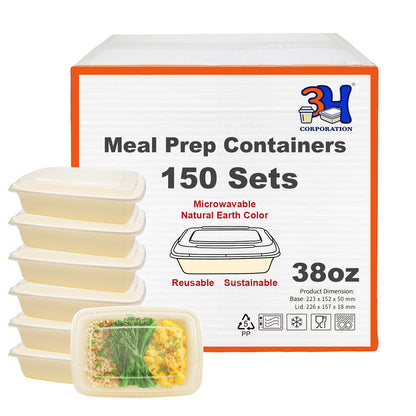 38 oz Meal Prep Containers with Lids (150 Sets, 300 Pics), Natural Beige