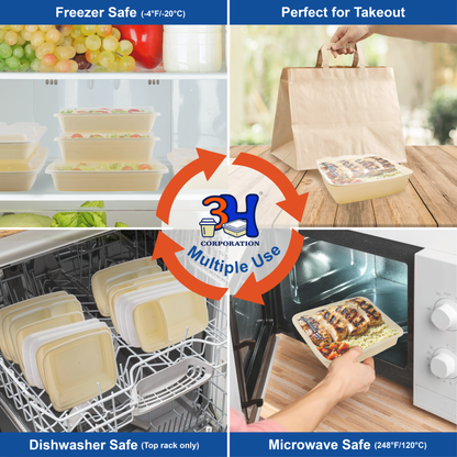 48 oz Meal Prep Containers with Lids (100 Sets, 200 Pics), Natural Beige, Square
