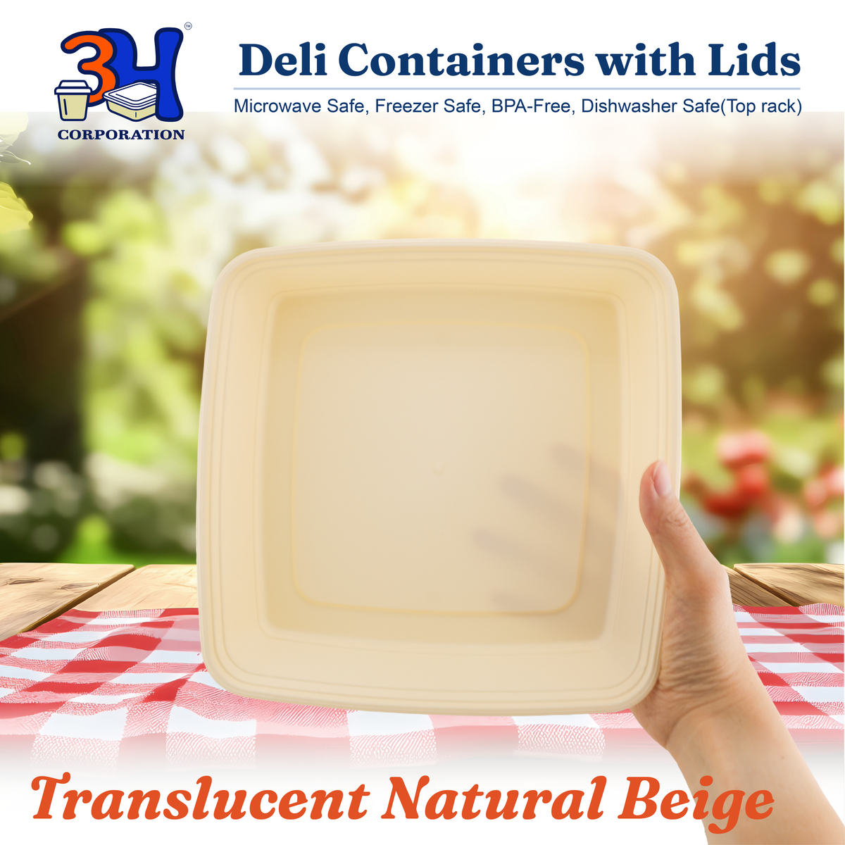 48 oz Meal Prep Containers with Lids (100 Sets, 200 Pics), Natural Beige, Square
