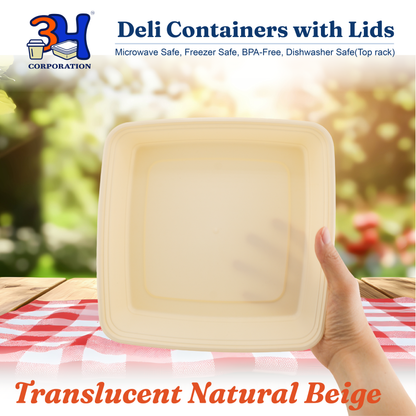 48 oz Meal Prep Containers with Lids (100 Sets, 200 Pics), Natural Beige, Square