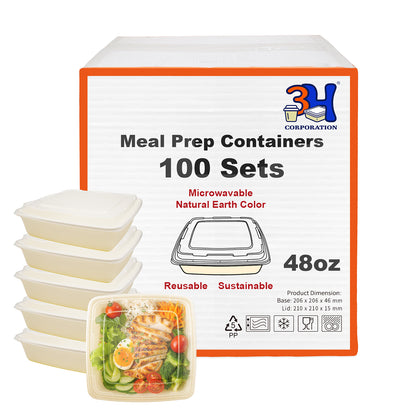 48 oz Meal Prep Containers with Lids (100 Sets, 200 Pics), Natural Beige, Square