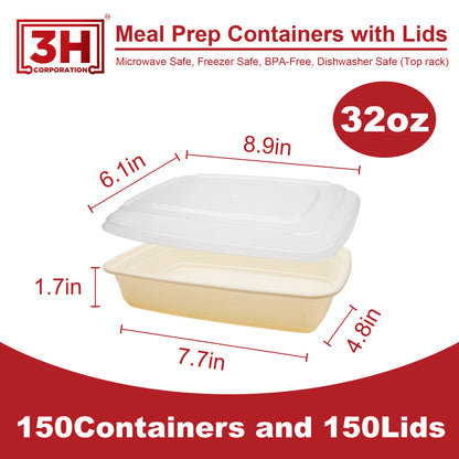 32 oz Meal Prep Containers with Lids (150 Sets, 300 Pics), Natural Beige
