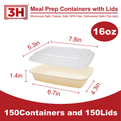 16 oz Meal Prep Containers with Lids(150 Sets, 300 Pieces), Natural Beige