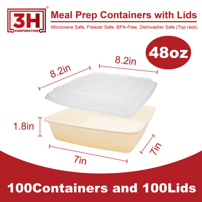 48 oz Meal Prep Containers with Lids (100 Sets, 200 Pics), Natural Beige, Square