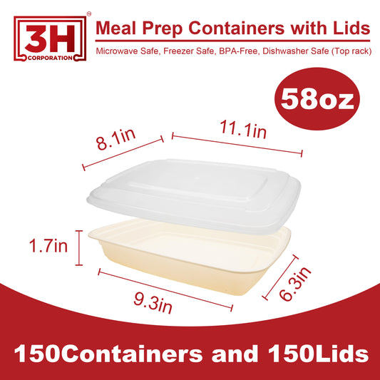 58oz Meal Prep Containers with Lids (150 Sets, 300 Pics), Natural Beige