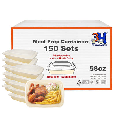58oz Meal Prep Containers with Lids (150 Sets, 300 Pics), Natural Beige