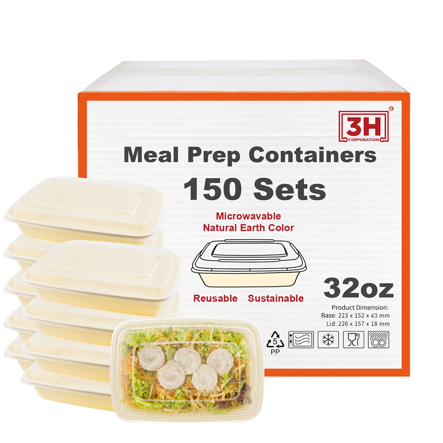 32 oz Meal Prep Containers with Lids (150 Sets, 300 Pics), Natural Beige